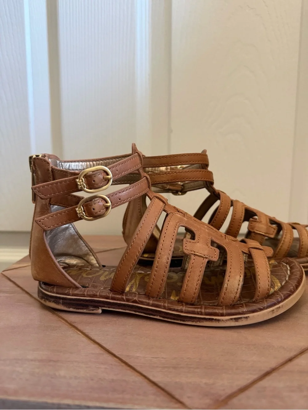 Sam Edelman Girls Tan Multi-Strap Genuine Leather Sandals